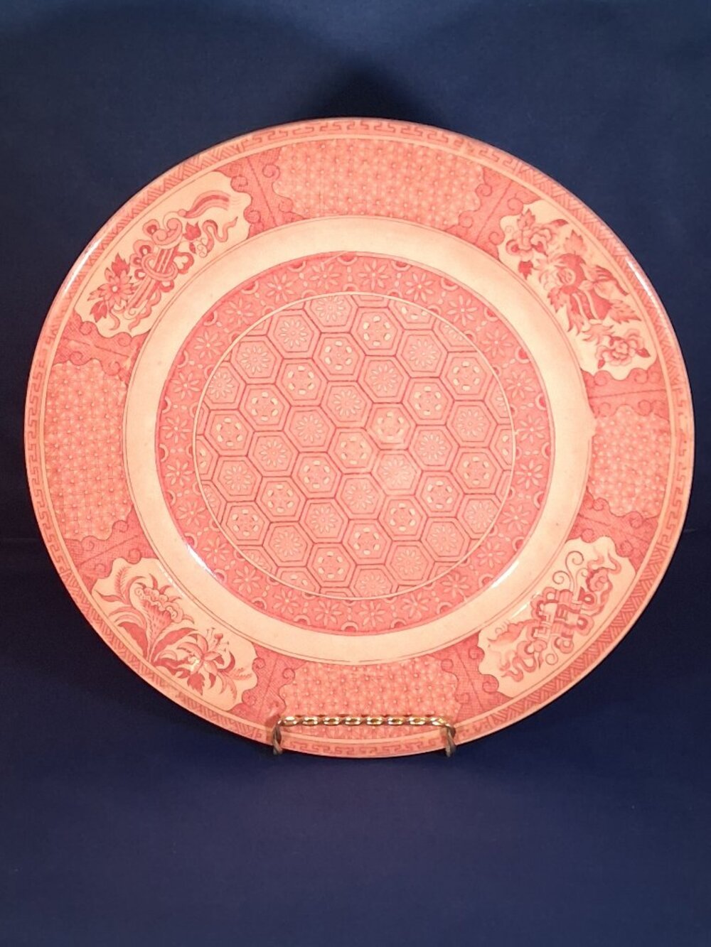 Set of 6 Antique J&MP Bell Glasgow Pottery Rice Plates Pink Sexagon circa 1880s